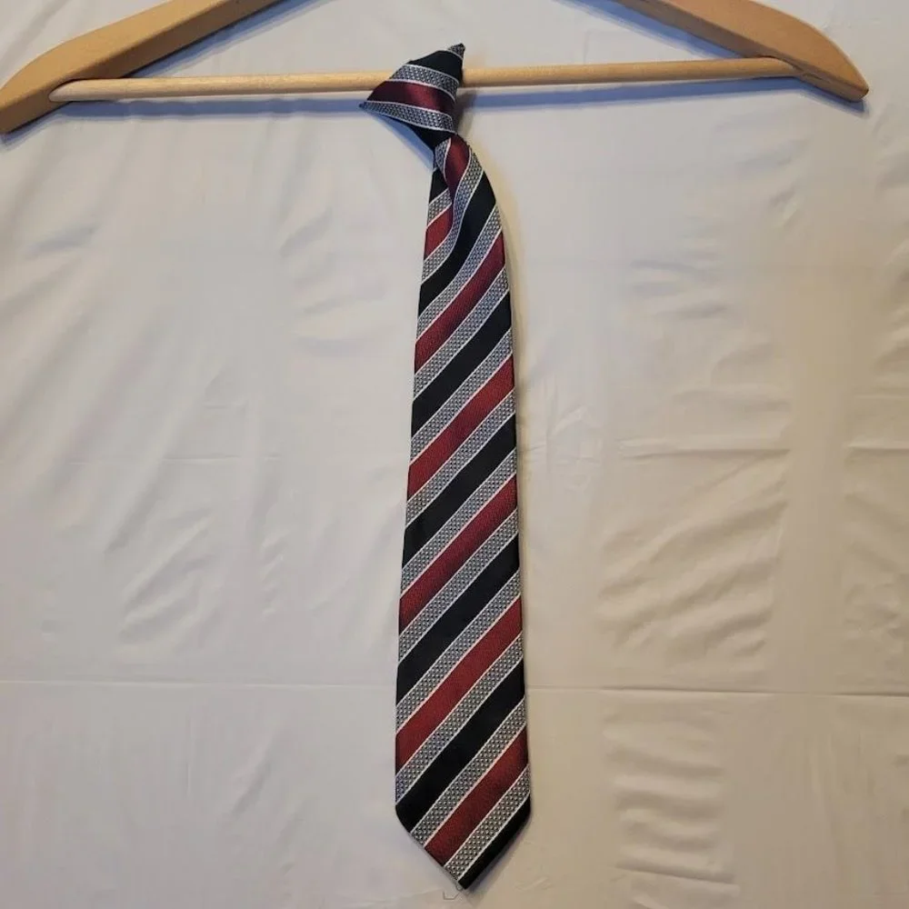 George Boys Clip On Tie Black Gray Red Striped 15